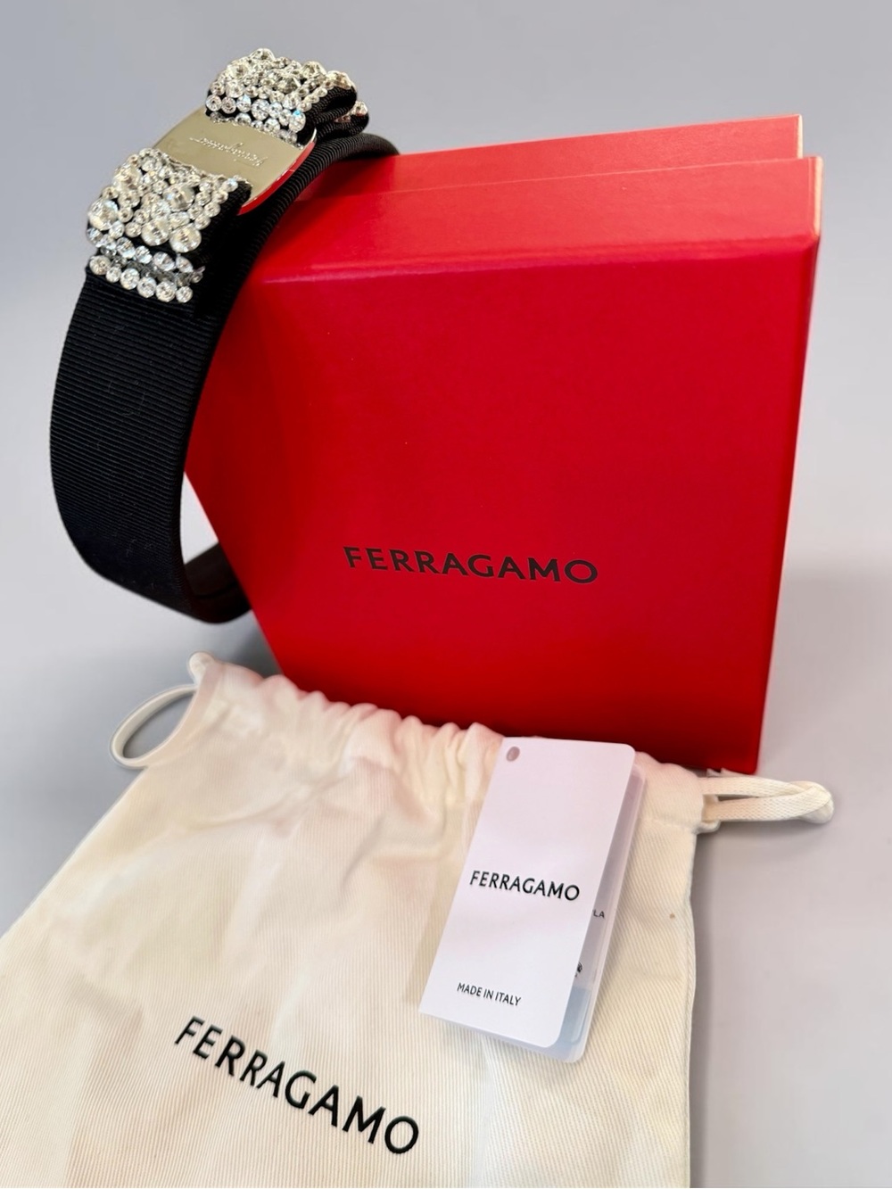 Salvatore Ferragamo Black Grosgrain Headband with Crystal Bow